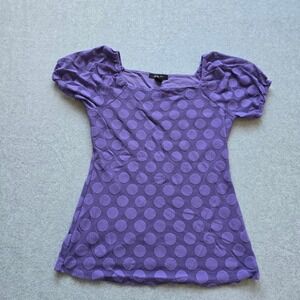 Style & Co Purple Polka Dot Mesh Puff Sleeve Square Neck Top Women's Size Small